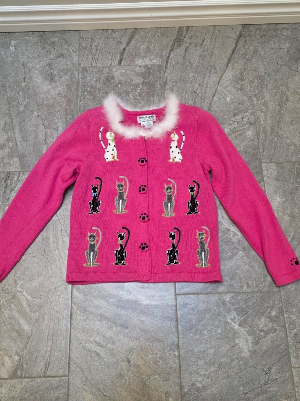 Vintage Jack B Quick Cat Cardigan Sweater pink Cotton PM statement